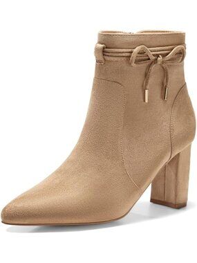 Women's Light Brown Pointed Toe Ankle Boots Chunky Block Heel Tie Knot Side Zip